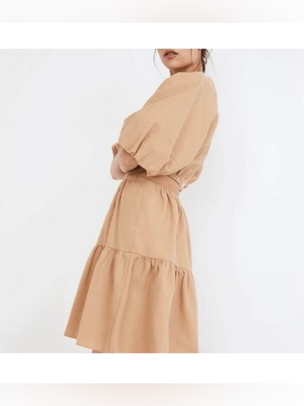 Madewell Beige Tiered Midi Dress with Puff Sleeves